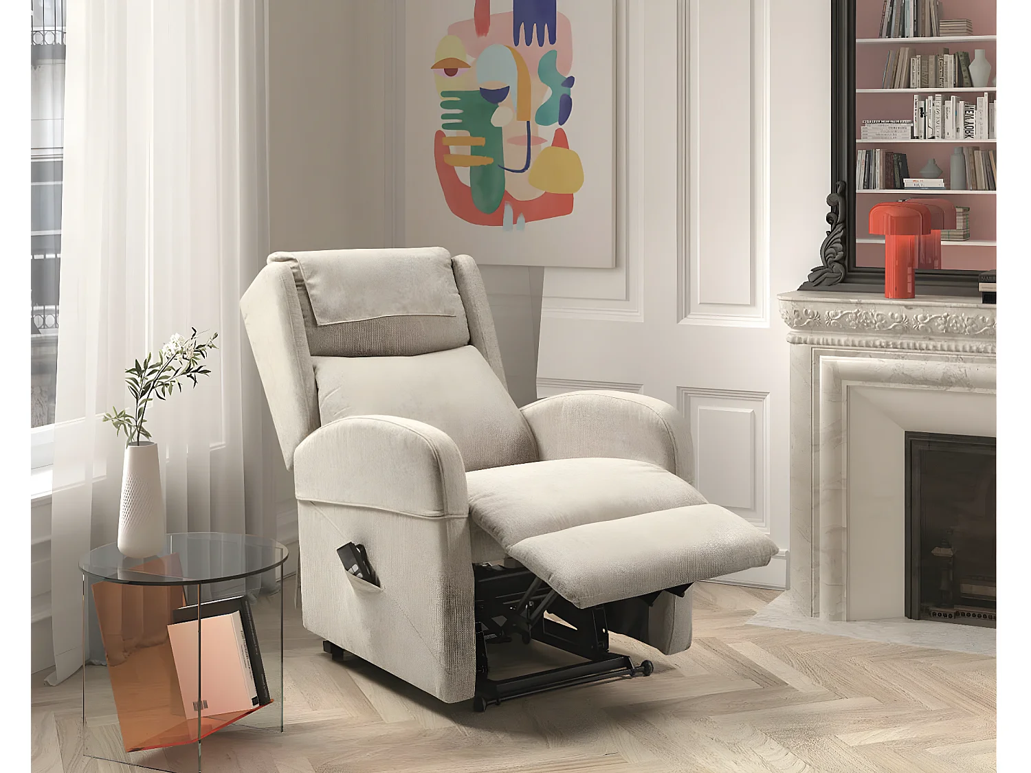 Fauteuil sur roulettes de relaxation et releveur électrique 2 moteurs tissu Vikola-Couleur Beige clair