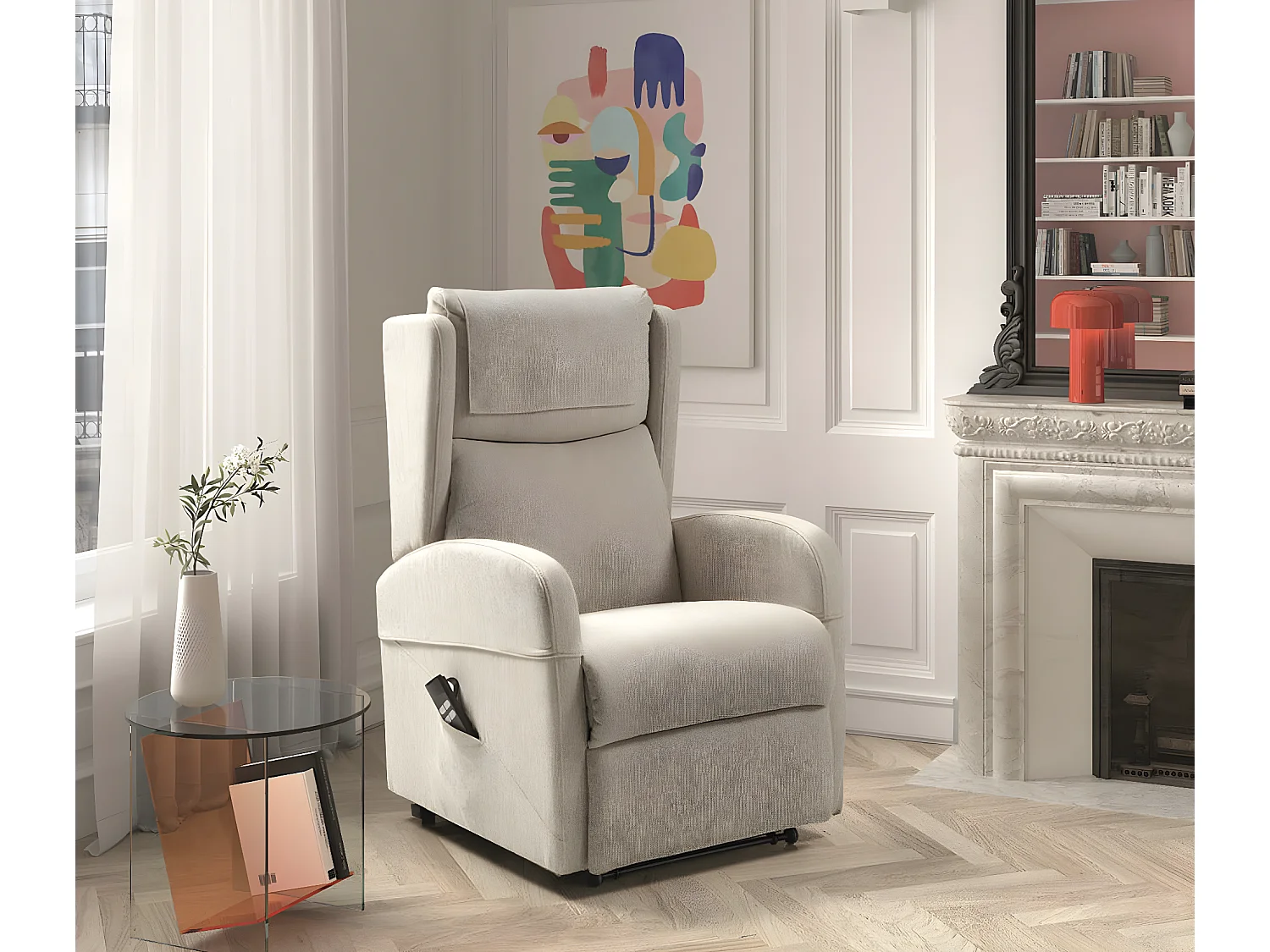 Fauteuil sur roulettes de relaxation et releveur électrique 2 moteurs tissu Vikola-Couleur Beige clair