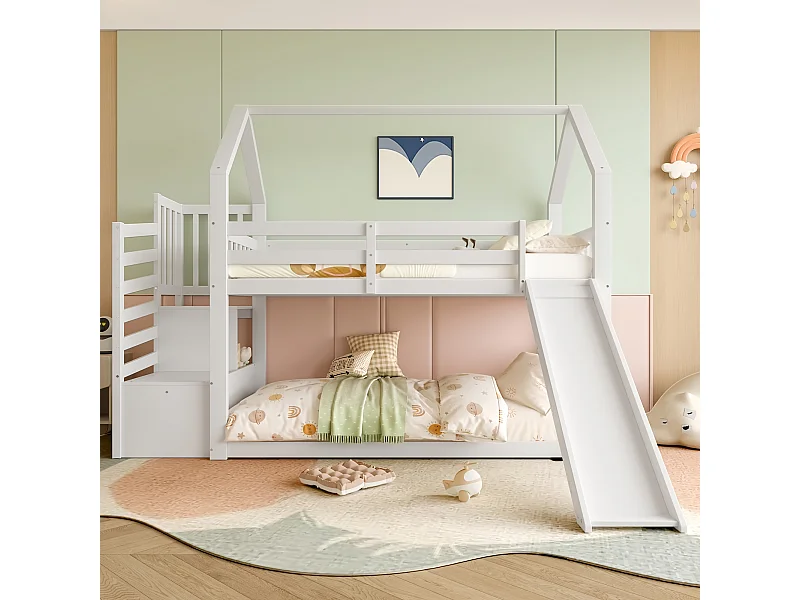 Lit superposé avec escalier de rangement et toboggan, lit d'enfant avec barrières, 90x200cm, blanc