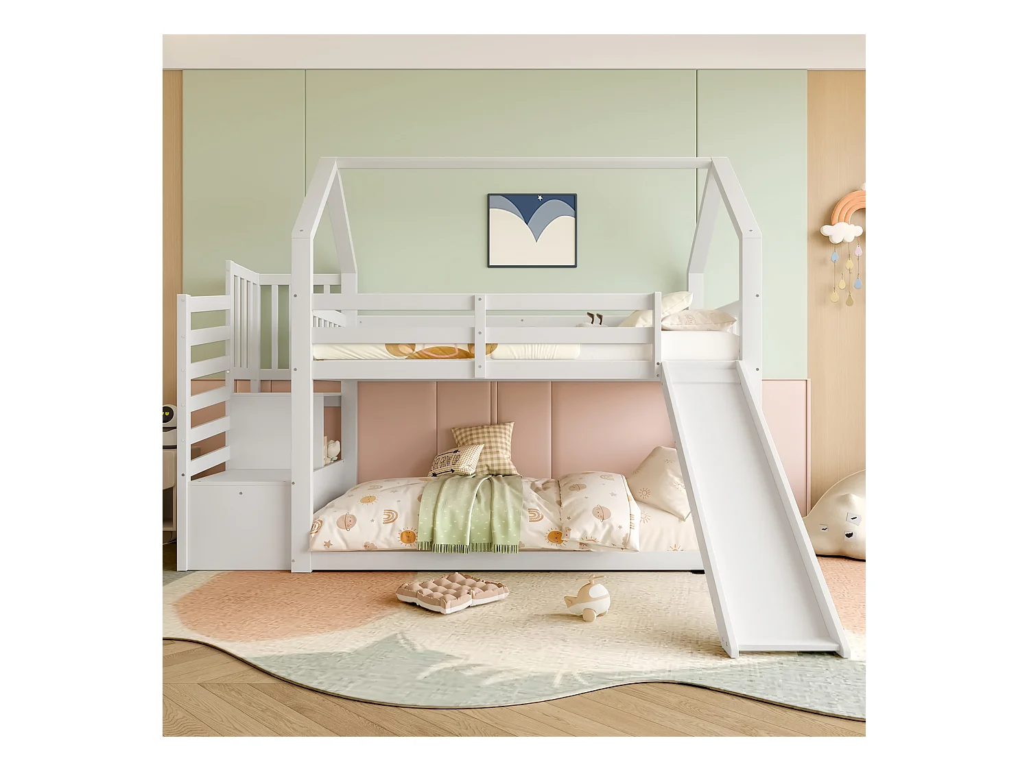 Lit superposé avec escalier de rangement et toboggan, lit d'enfant avec barrières, 90x200cm, blanc
