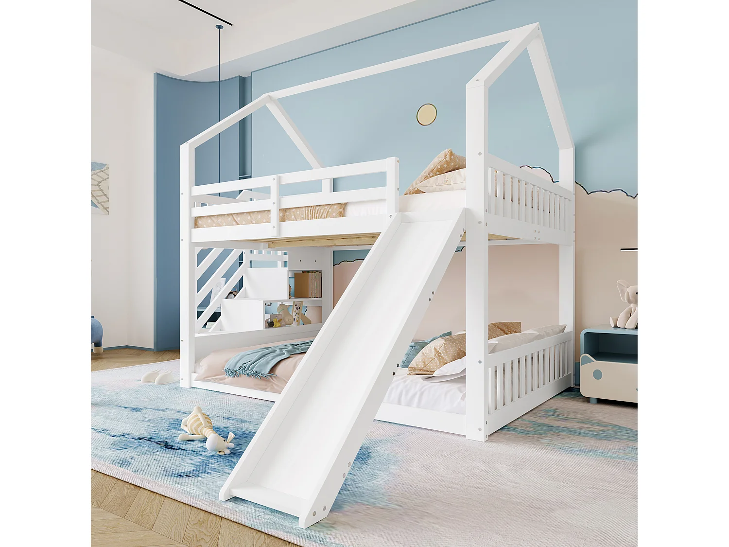 Lit superposé 140x200cm avec escalier de rangement et toboggan, lit d'enfant avec barrières, blanc