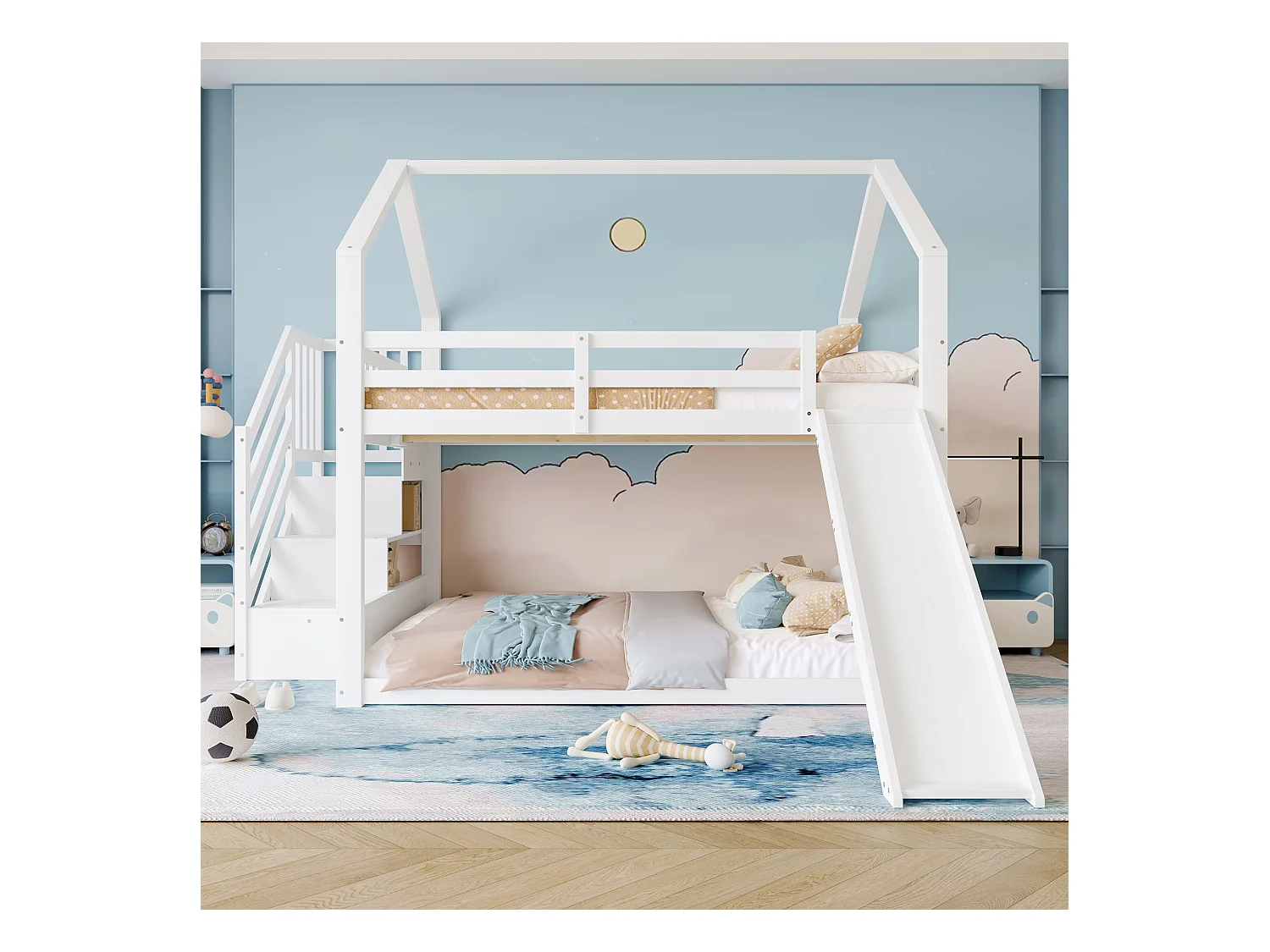 Lit superposé 140x200cm avec escalier de rangement et toboggan, lit d'enfant avec barrières, blanc