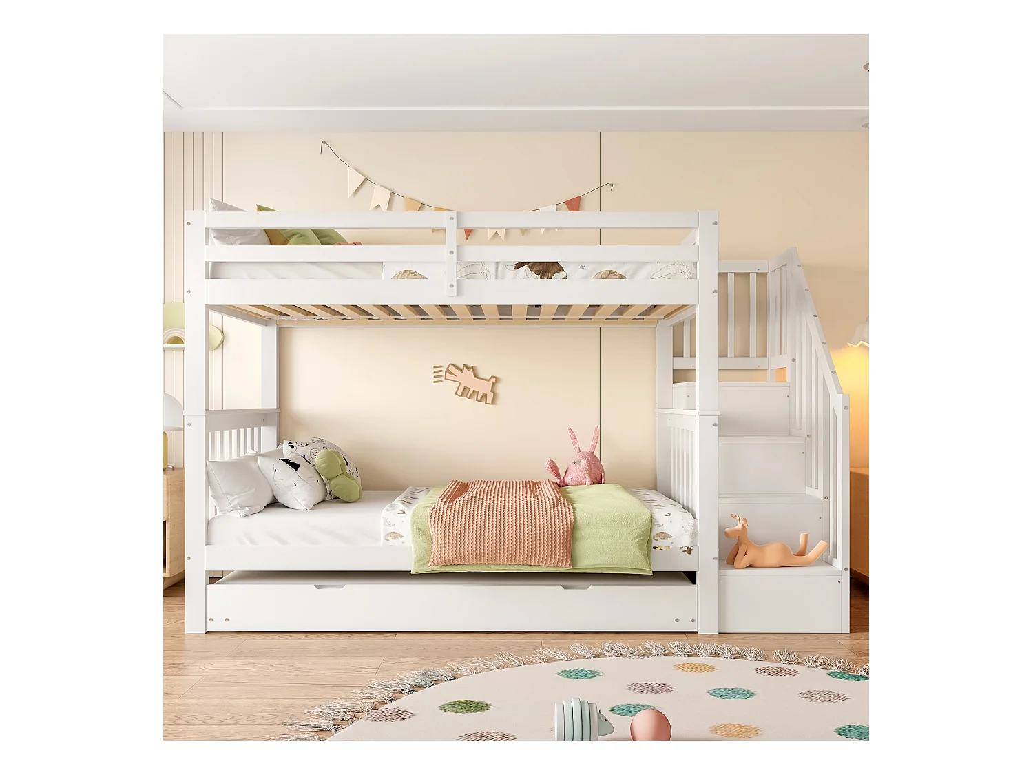 Lit superposé pour enfants, cadre escalier, avec lit gigogne, barrières hautes, blanc, 90*200 cm