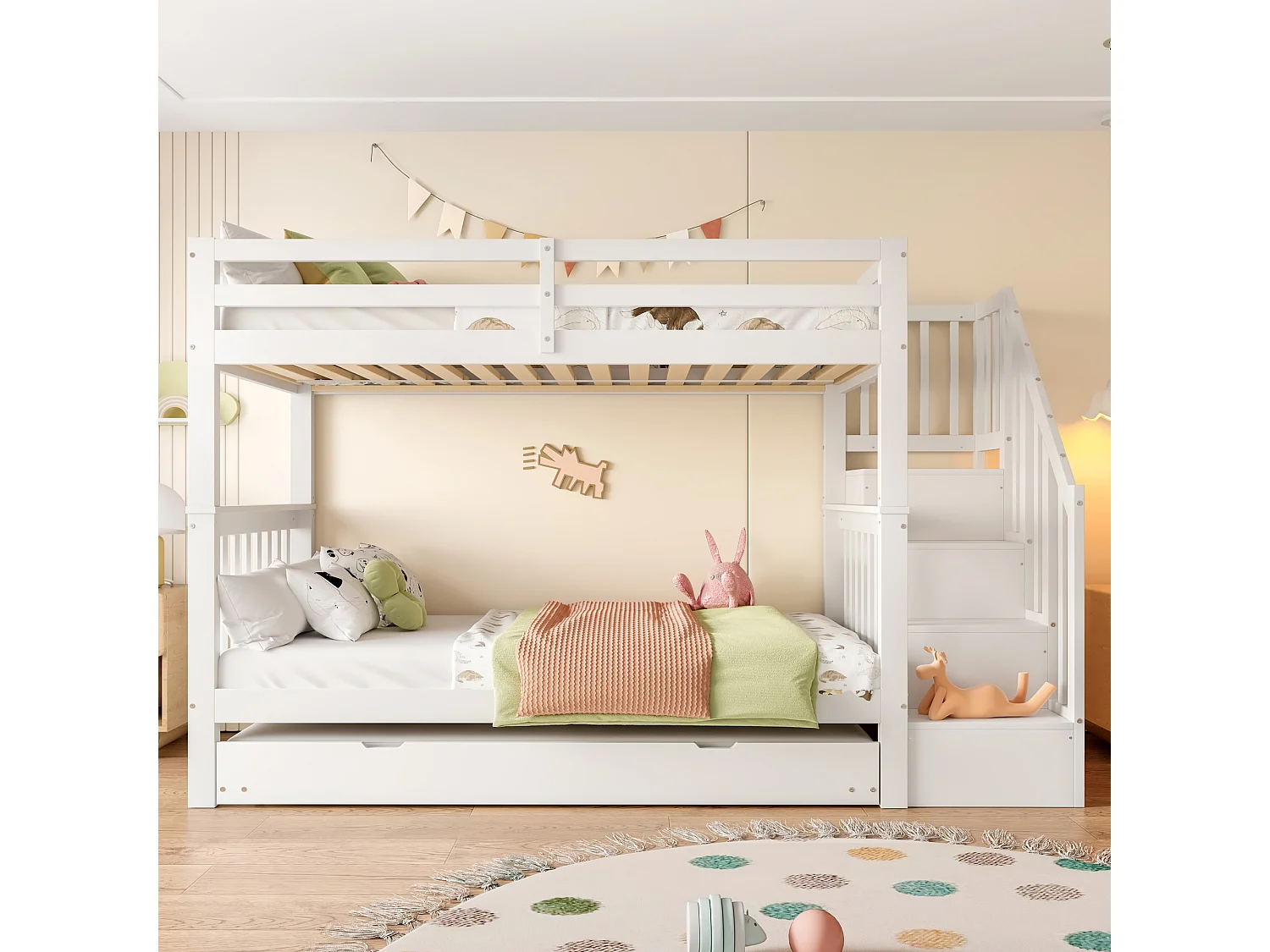 Cama de beliche de 90 x 200 cm com escada e estante, equipada com cama com rodas retráteis, grades altas e cor branca.