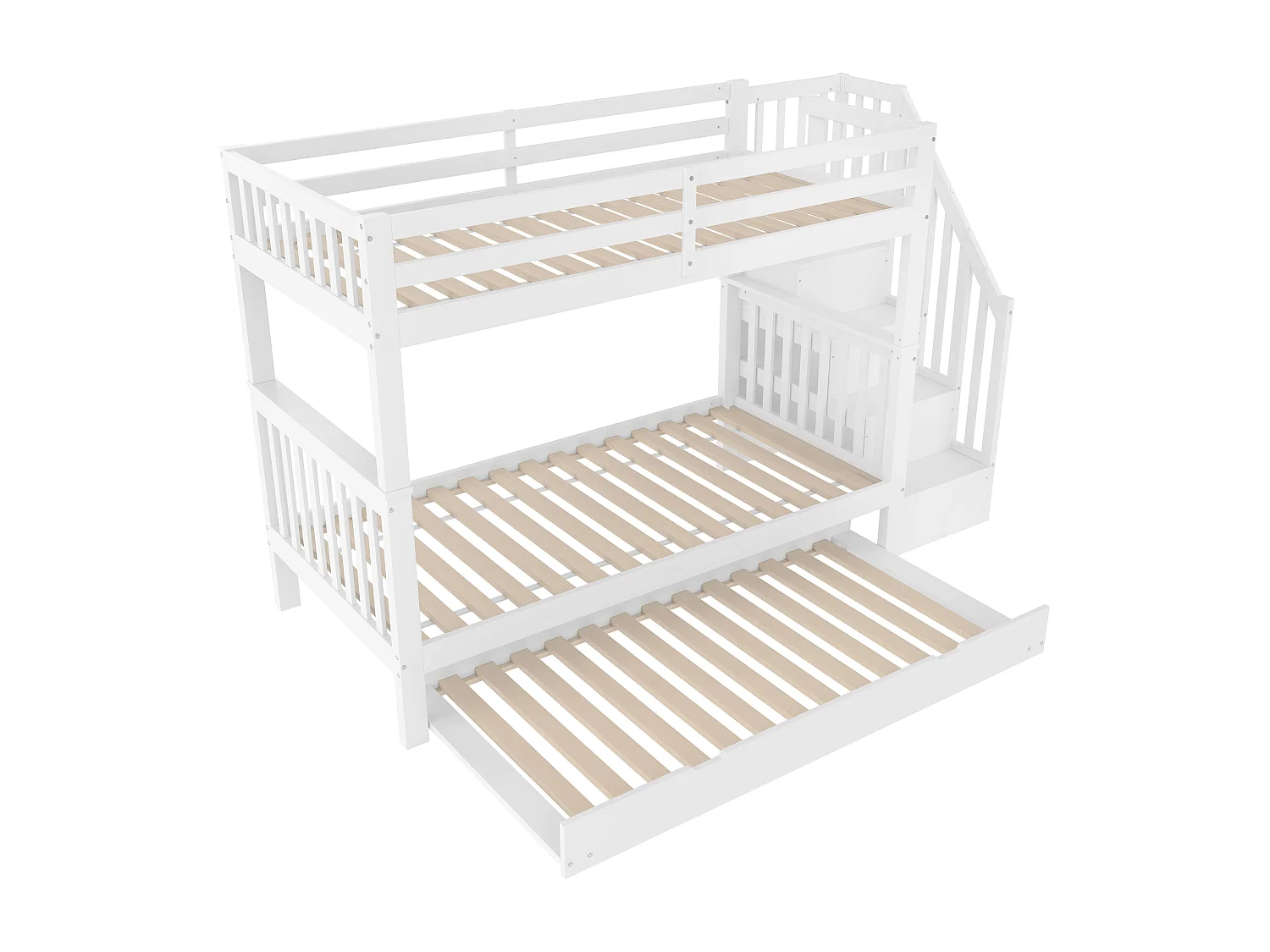 Cama de beliche de 90 x 200 cm com escada e estante, equipada com cama com rodas retráteis, grades altas e cor branca.