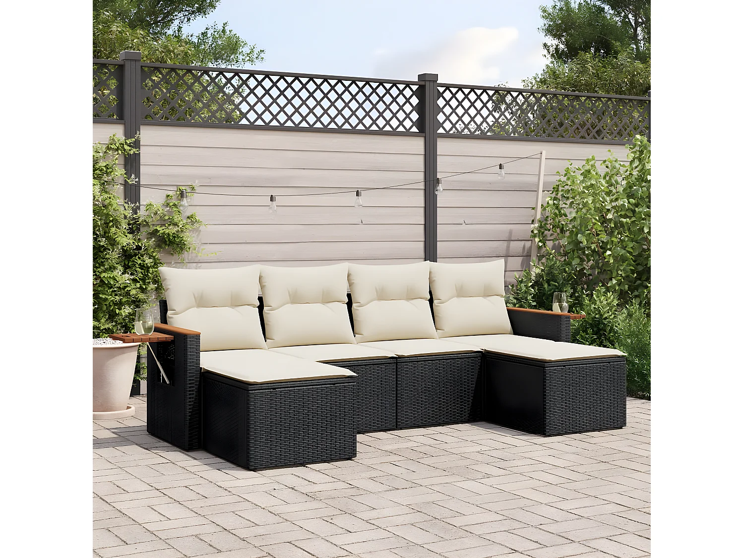 Salon de jardin 6 pcs avec coussins noir résine tressée