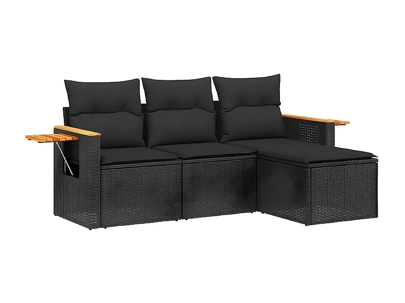 Salon de jardin 4 pcs avec coussins noir résine tressée