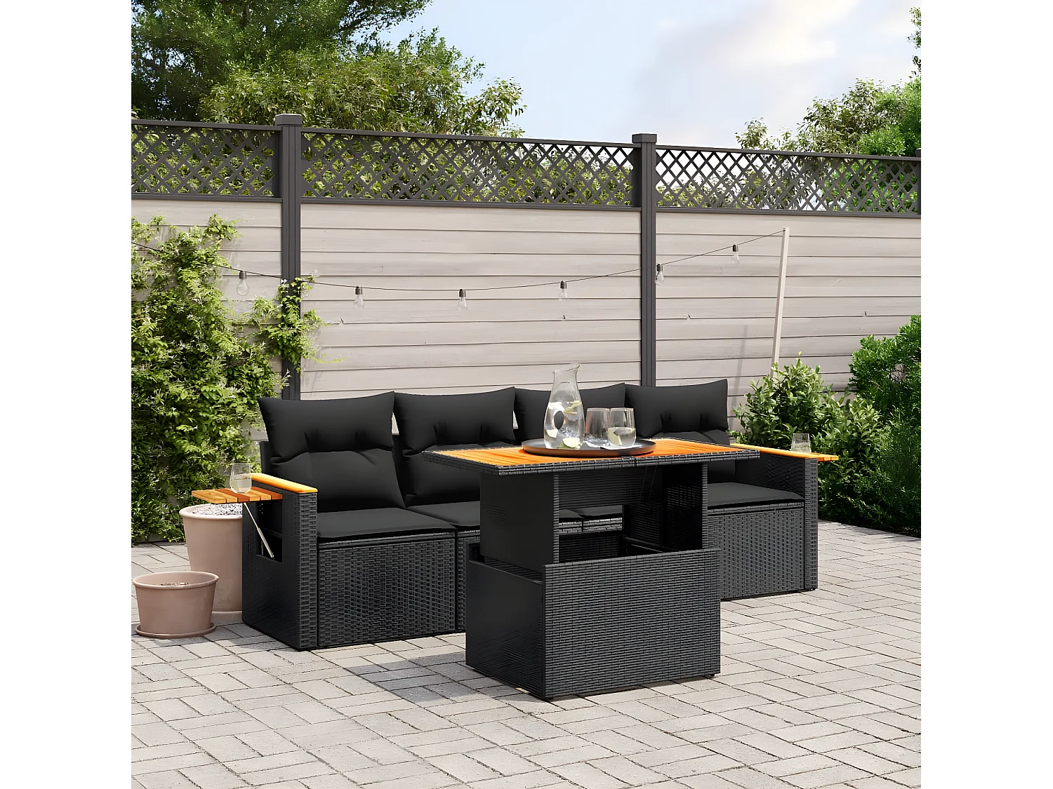 Salon de jardin 5 pcs avec coussins noir résine tressée