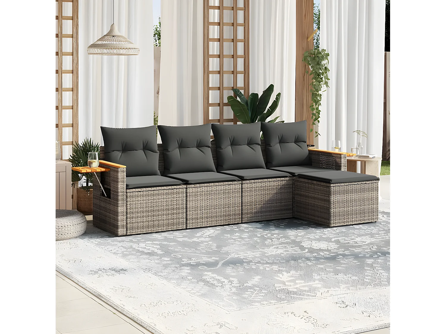 Salon de jardin 5 pcs avec coussins gris résine tressée