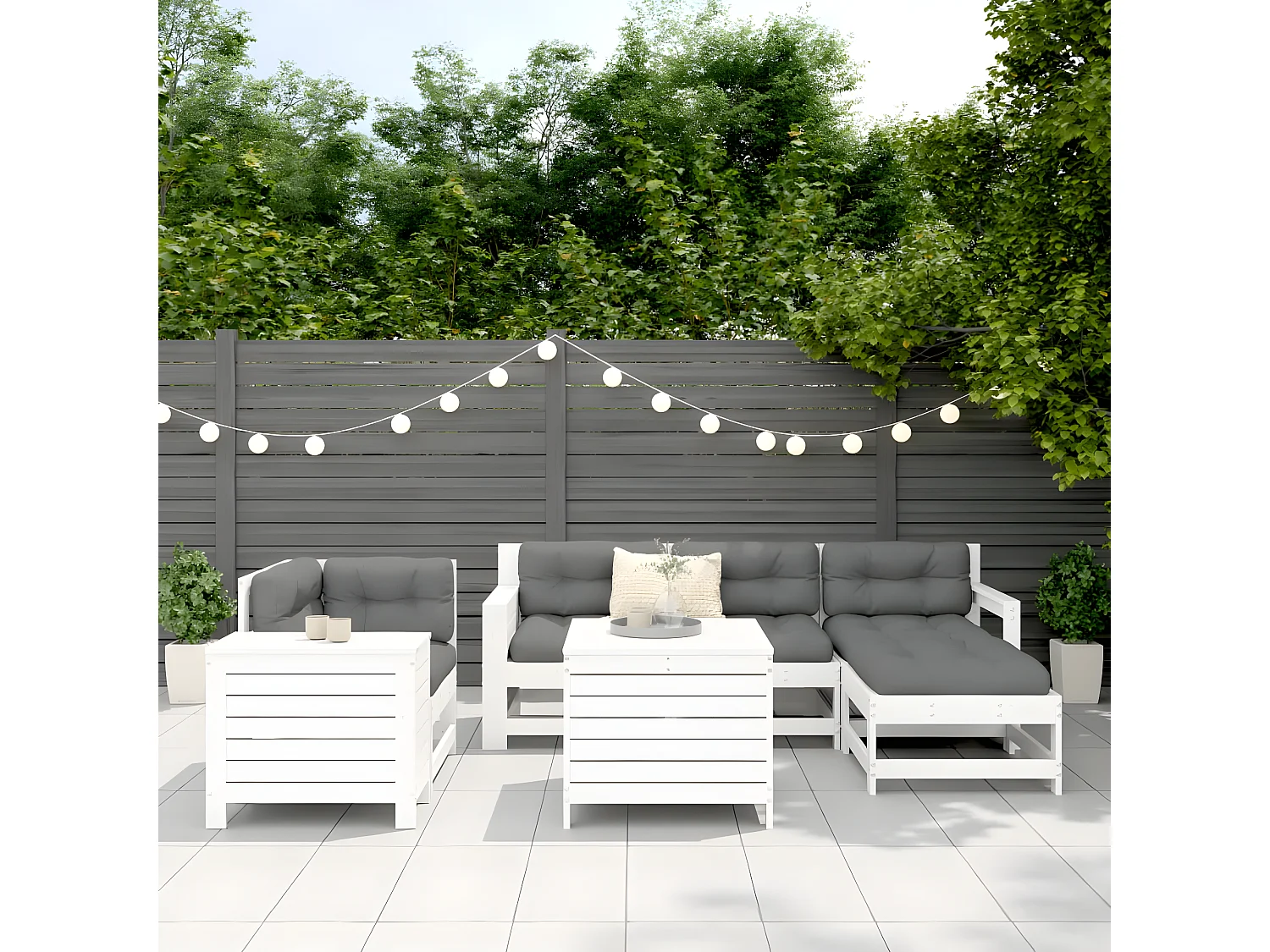 vidaXL Juego de sofás de jardín 7 pzas madera maciza de pino blanco