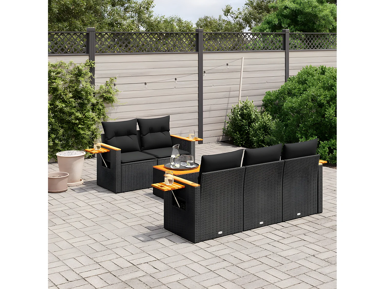 Salon de jardin 6 pcs avec coussins noir résine tressée