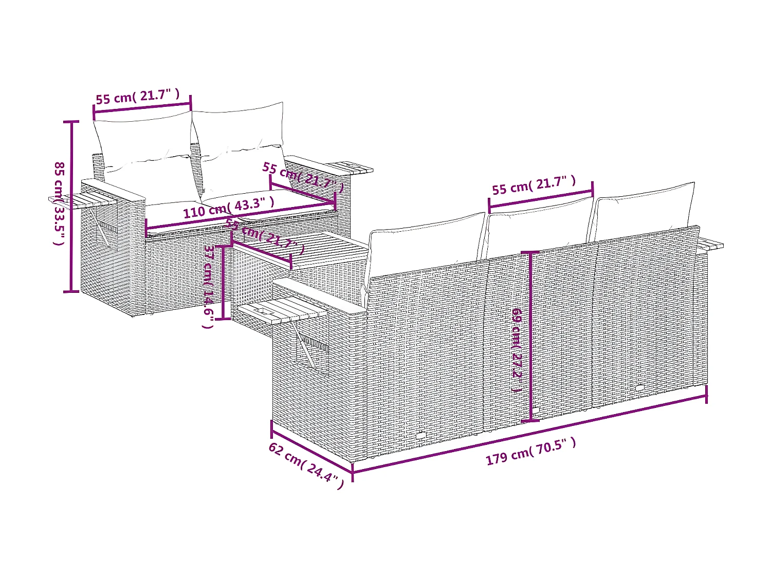 Salon de jardin 6 pcs avec coussins noir résine tressée