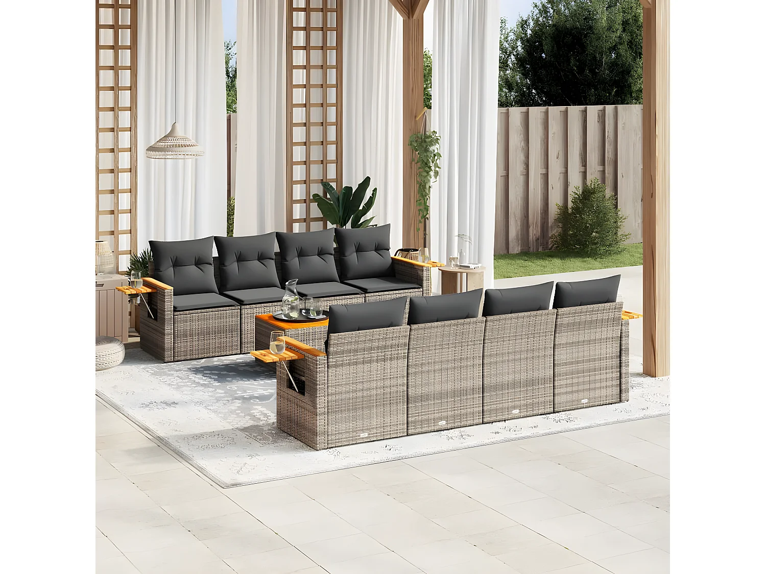 Salon de jardin 9 pcs avec coussins gris résine tressée