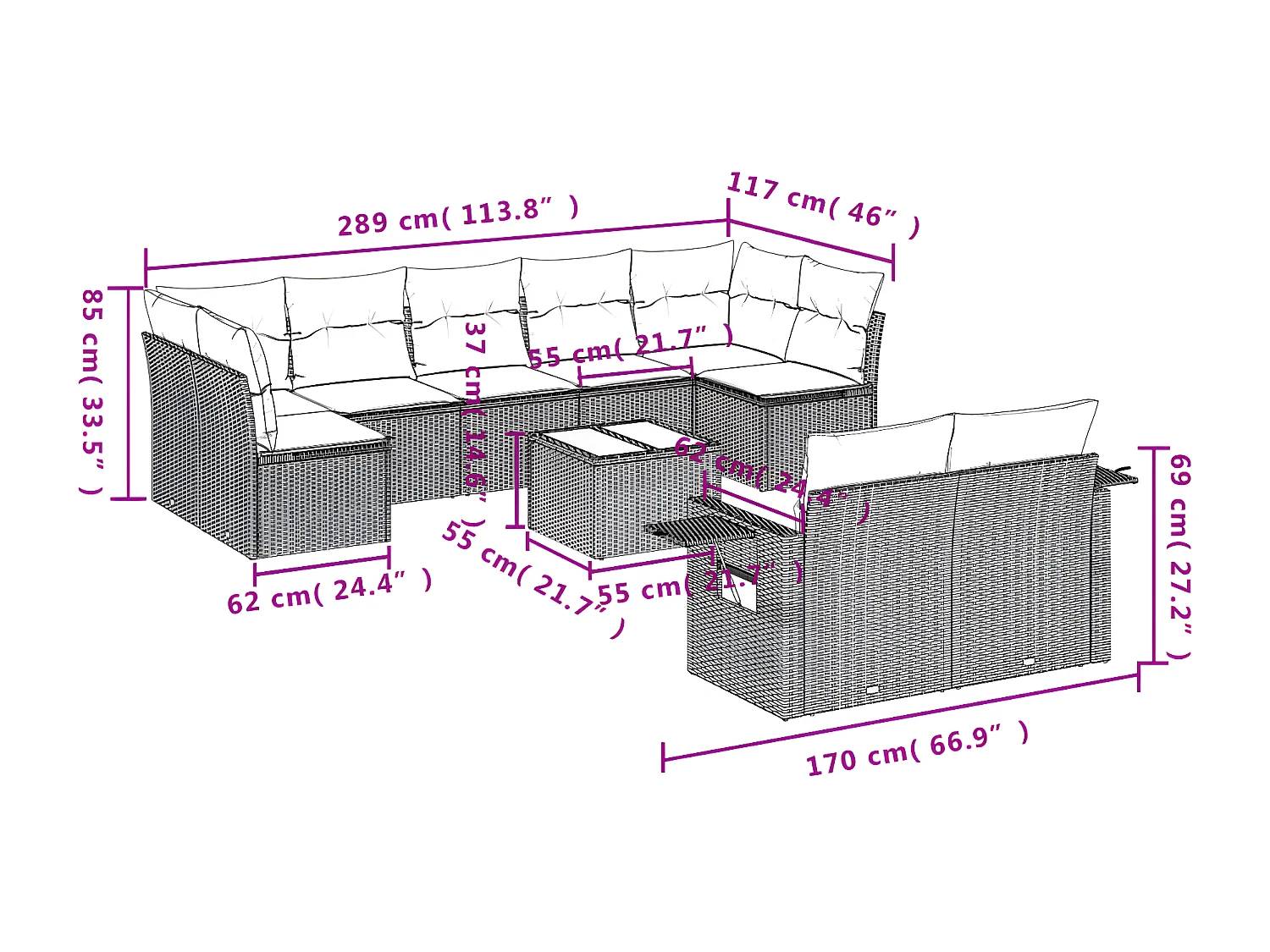 Salon de jardin 10 pcs avec coussins noir résine tressée
