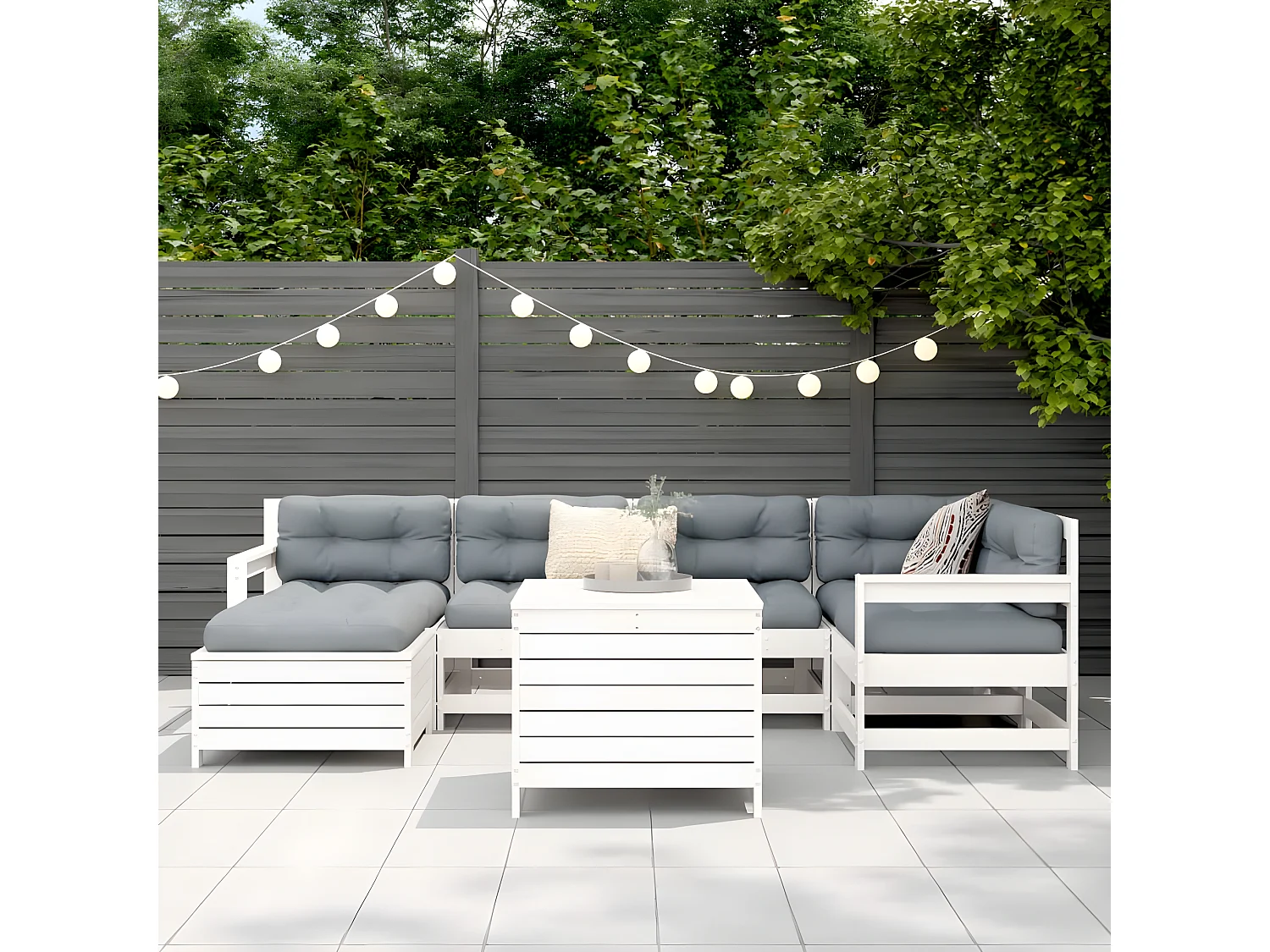 Salon de jardin 7 pcs blanc bois de pin massif