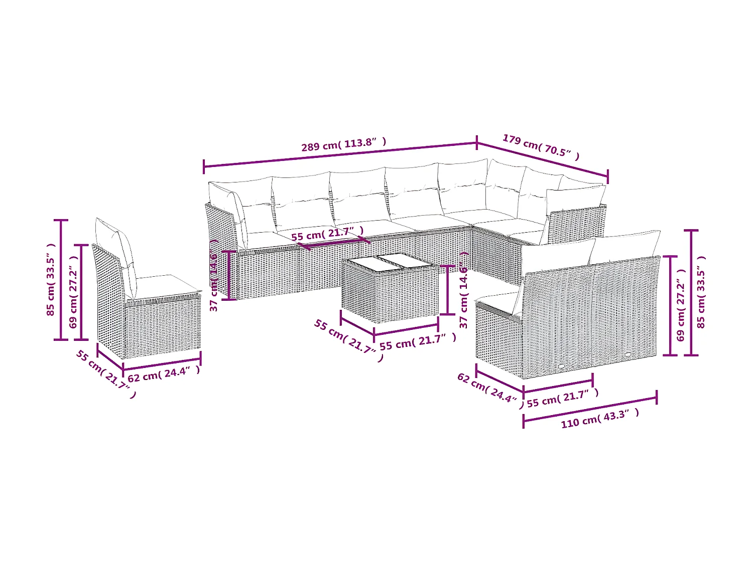 Salon de jardin 11 pcs avec coussins noir résine tressée
