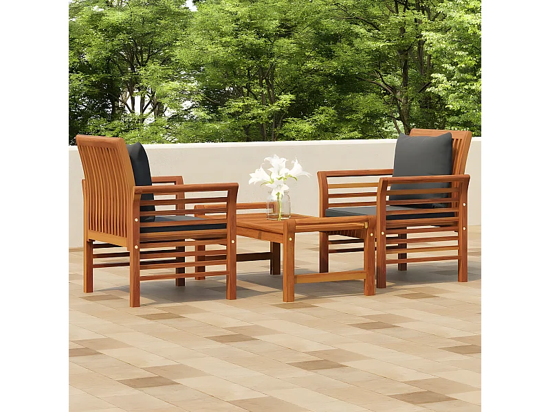 Salon de jardin 3 pcs avec coussins Bois massif d'acacia 2