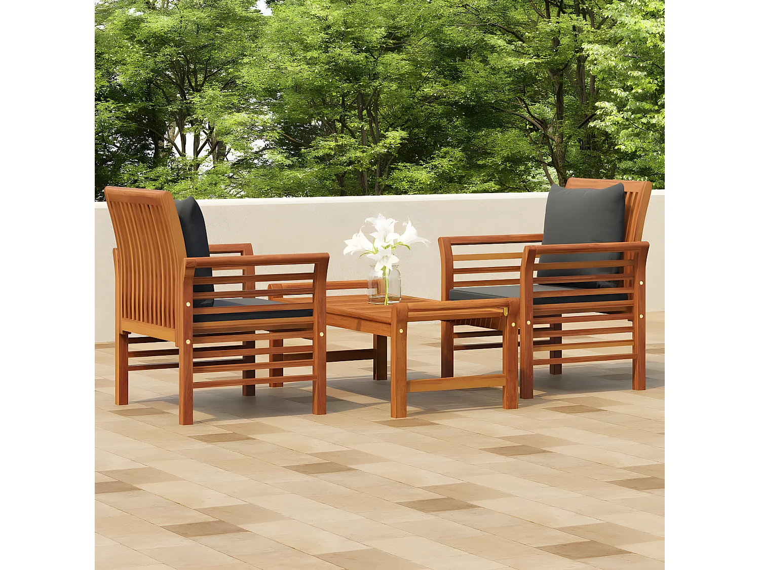 Salon de jardin 3 pcs avec coussins Bois massif d'acacia 2