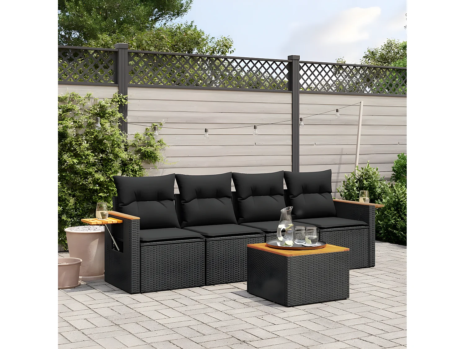 Salon de jardin 5 pcs avec coussins noir résine tressée