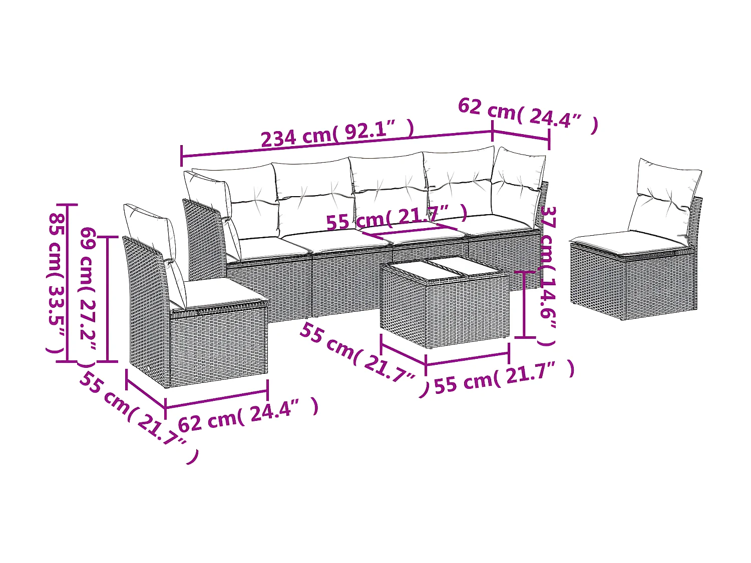 Salon de jardin 7 pcs avec coussins noir résine tressée
