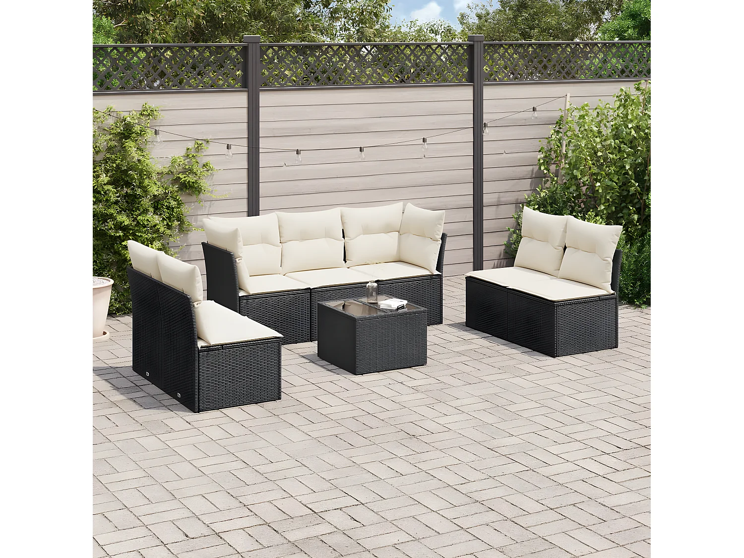 Salon de jardin 8 pcs avec coussins noir résine tressée