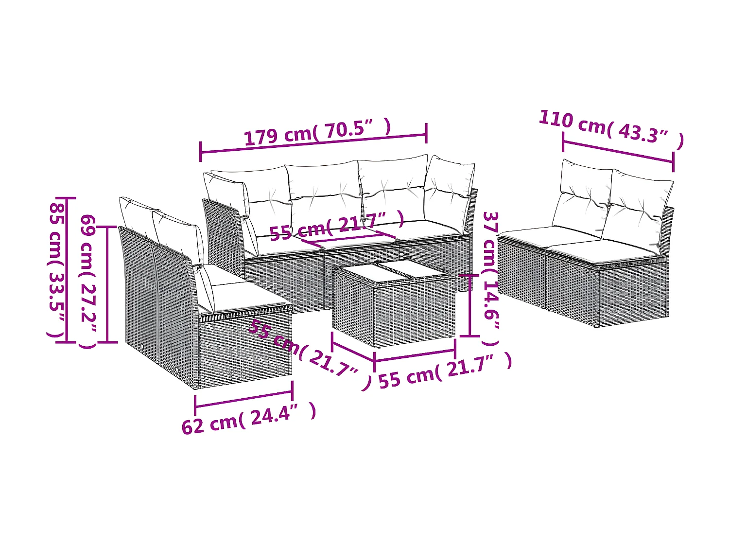 Salon de jardin 8 pcs avec coussins noir résine tressée