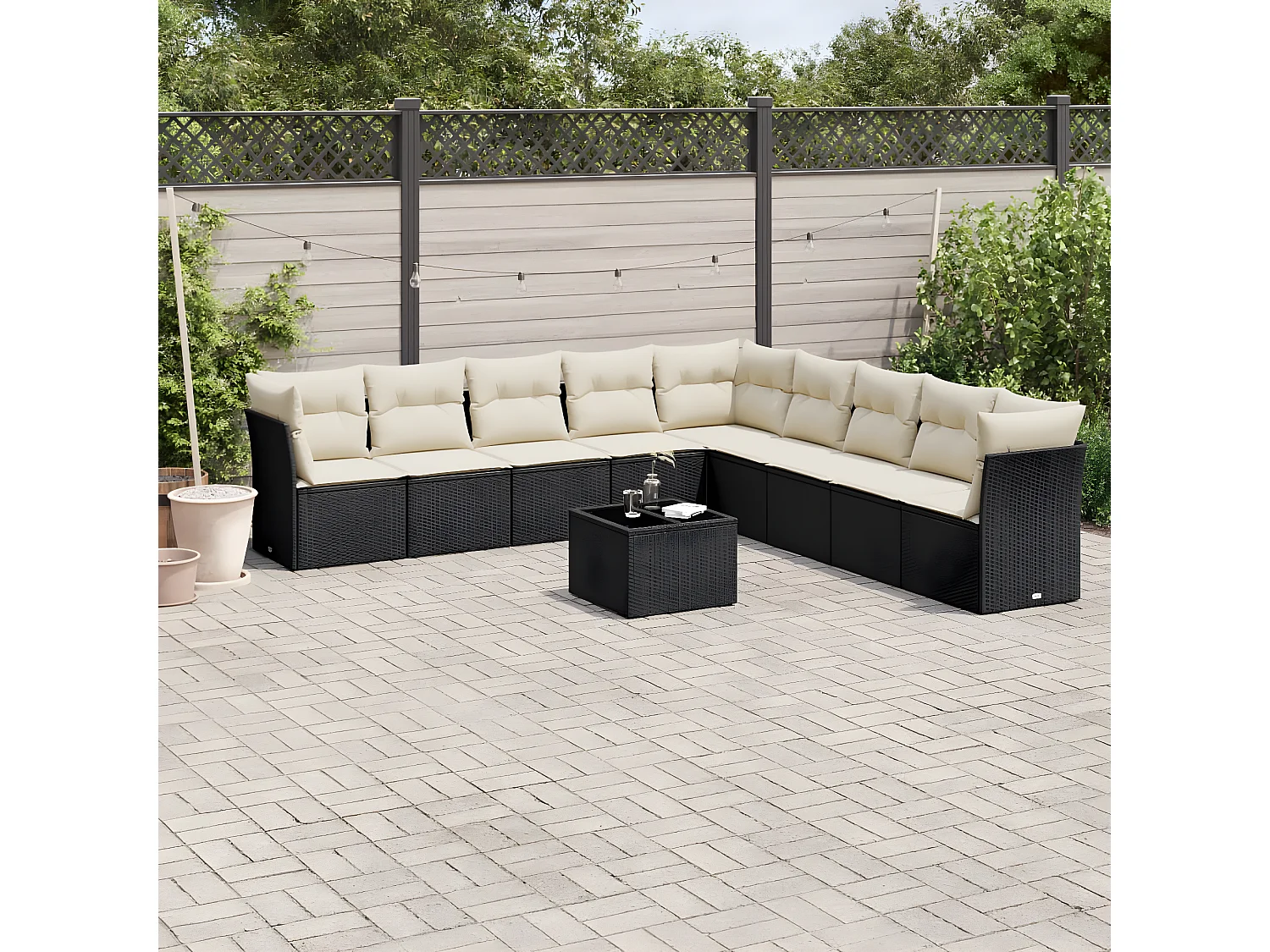 Salon de jardin 10 pcs avec coussins noir résine tressée