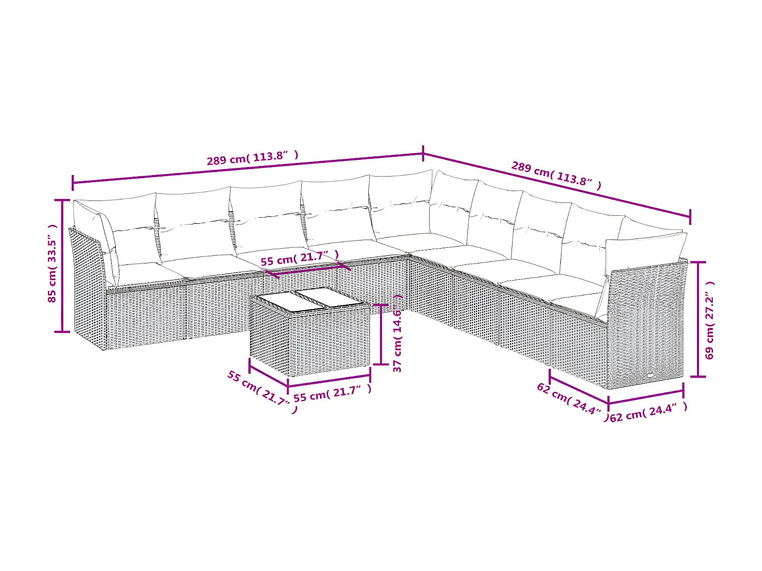 Salon de jardin 10 pcs avec coussins noir résine tressée