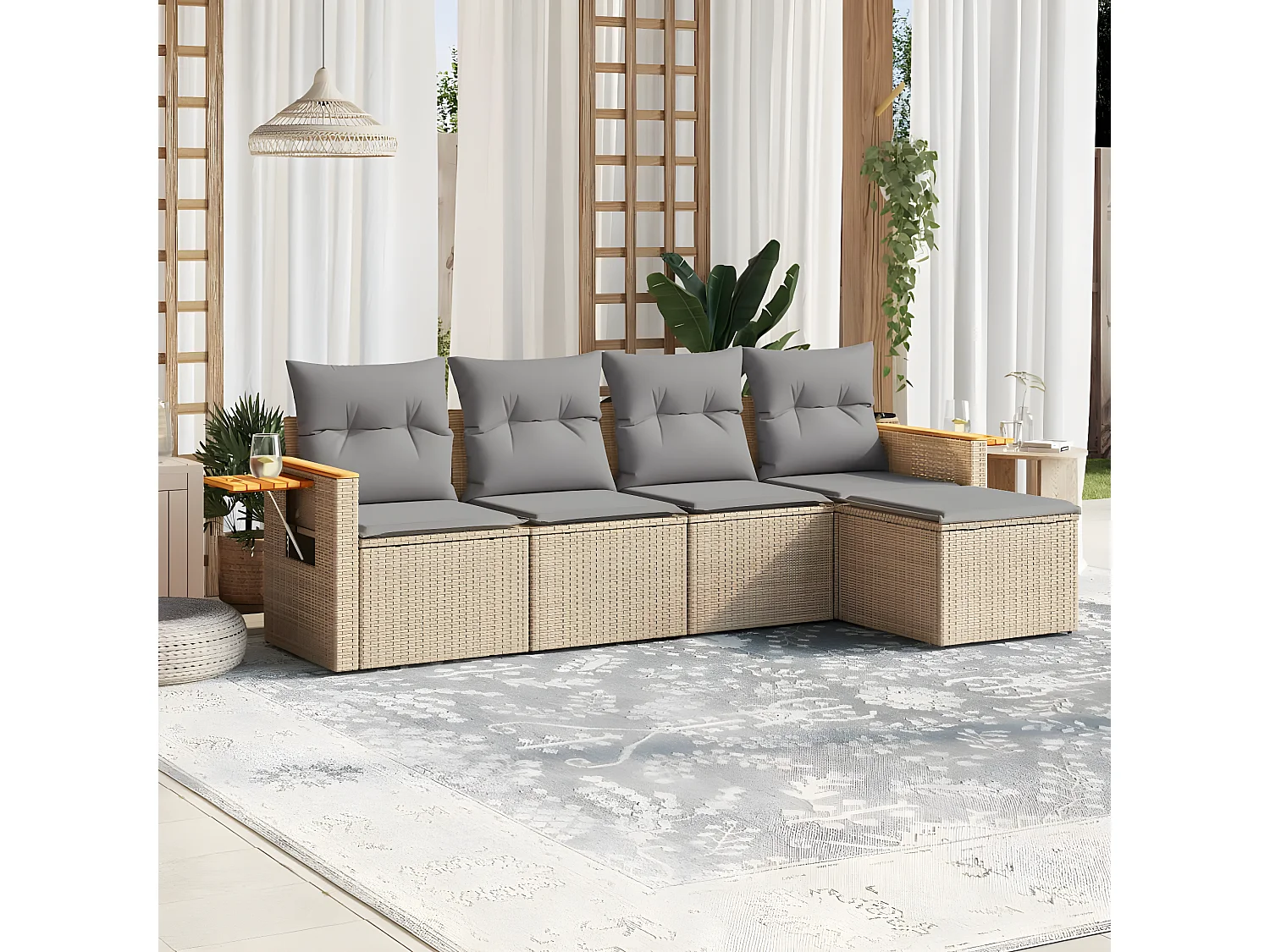 Salon de jardin avec coussins 5 pcs beige résine tressée