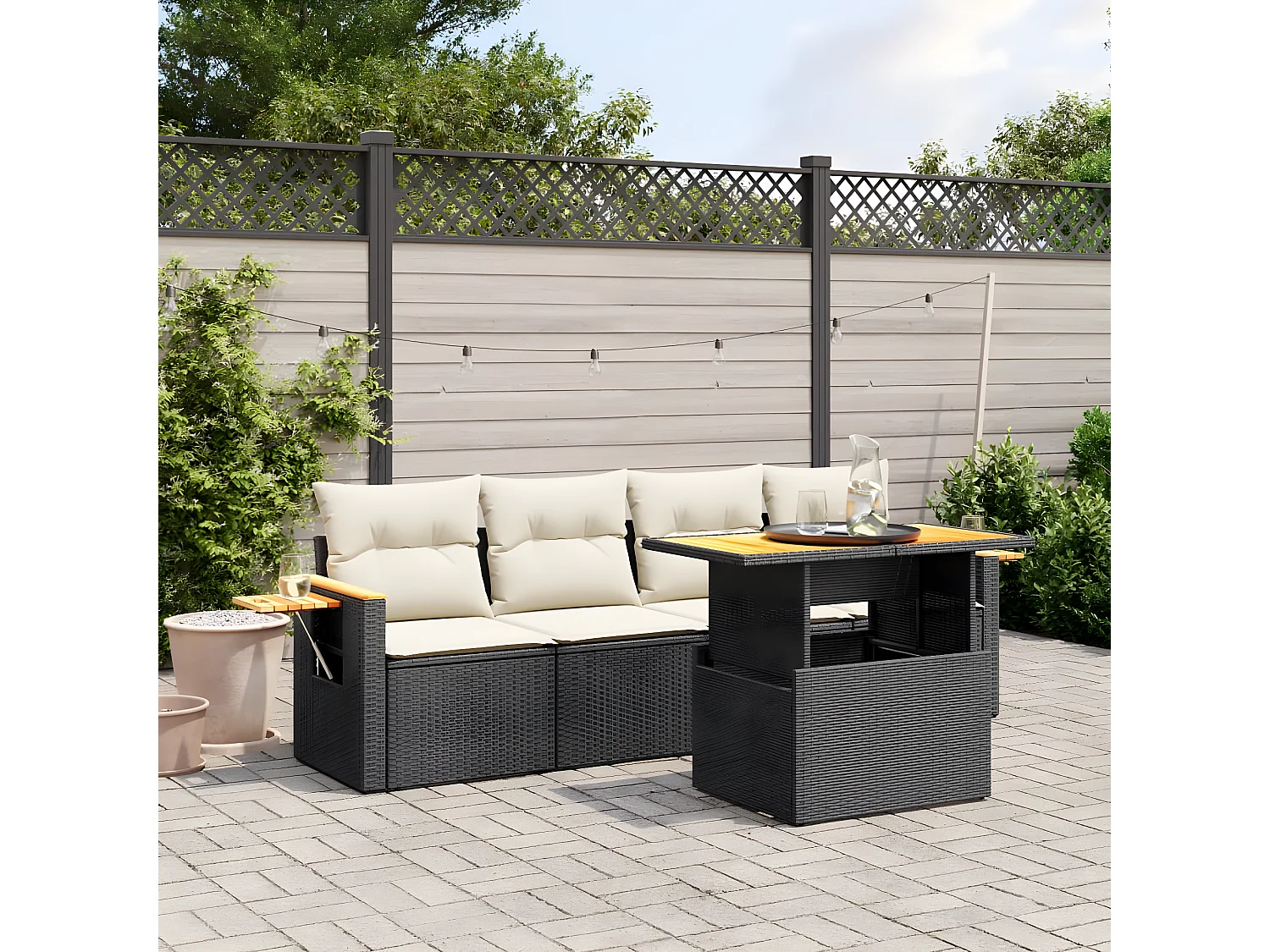 Salon de jardin 5 pcs avec coussins noir résine tressée