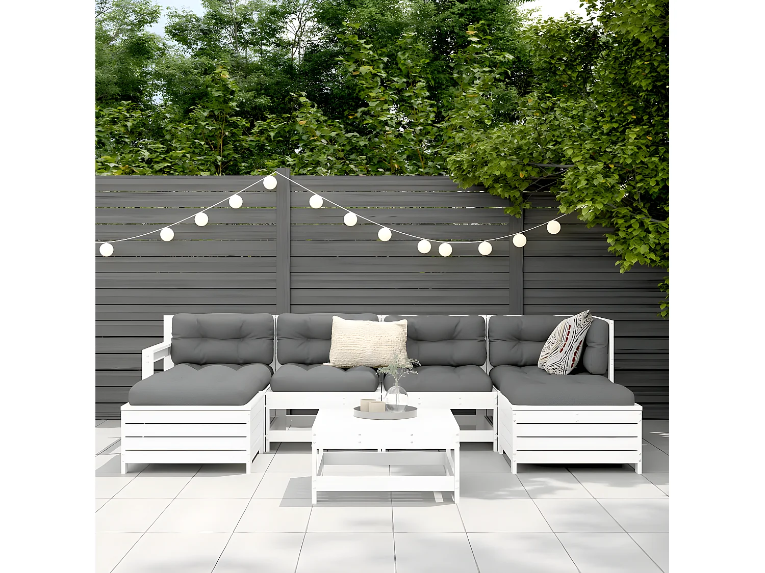 Salon de jardin 7 pcs blanc bois de pin massif