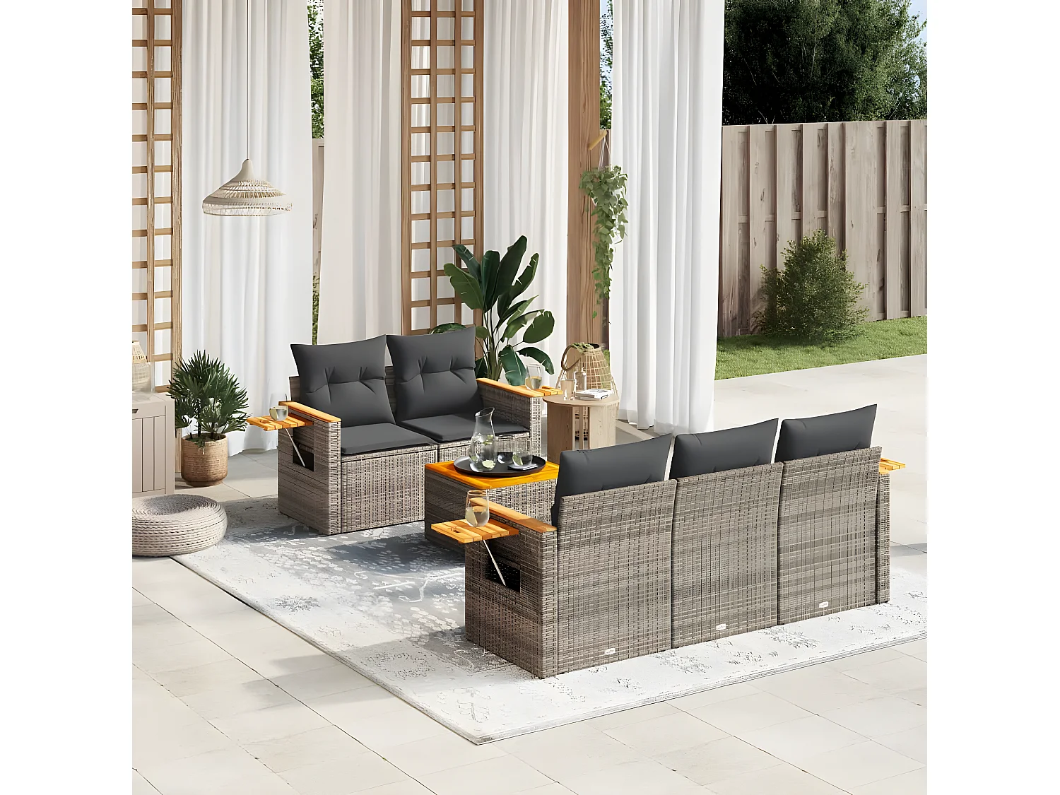 Salon de jardin 6 pcs avec coussins gris résine tressée