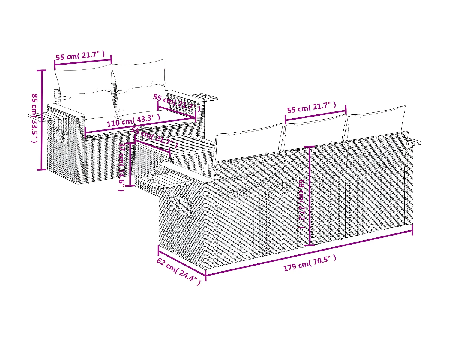 Salon de jardin 6 pcs avec coussins gris résine tressée