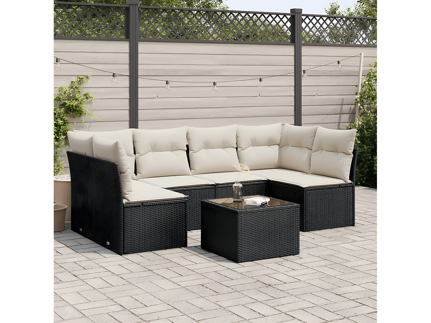 Salon de jardin 7 pcs avec coussins noir résine tressée