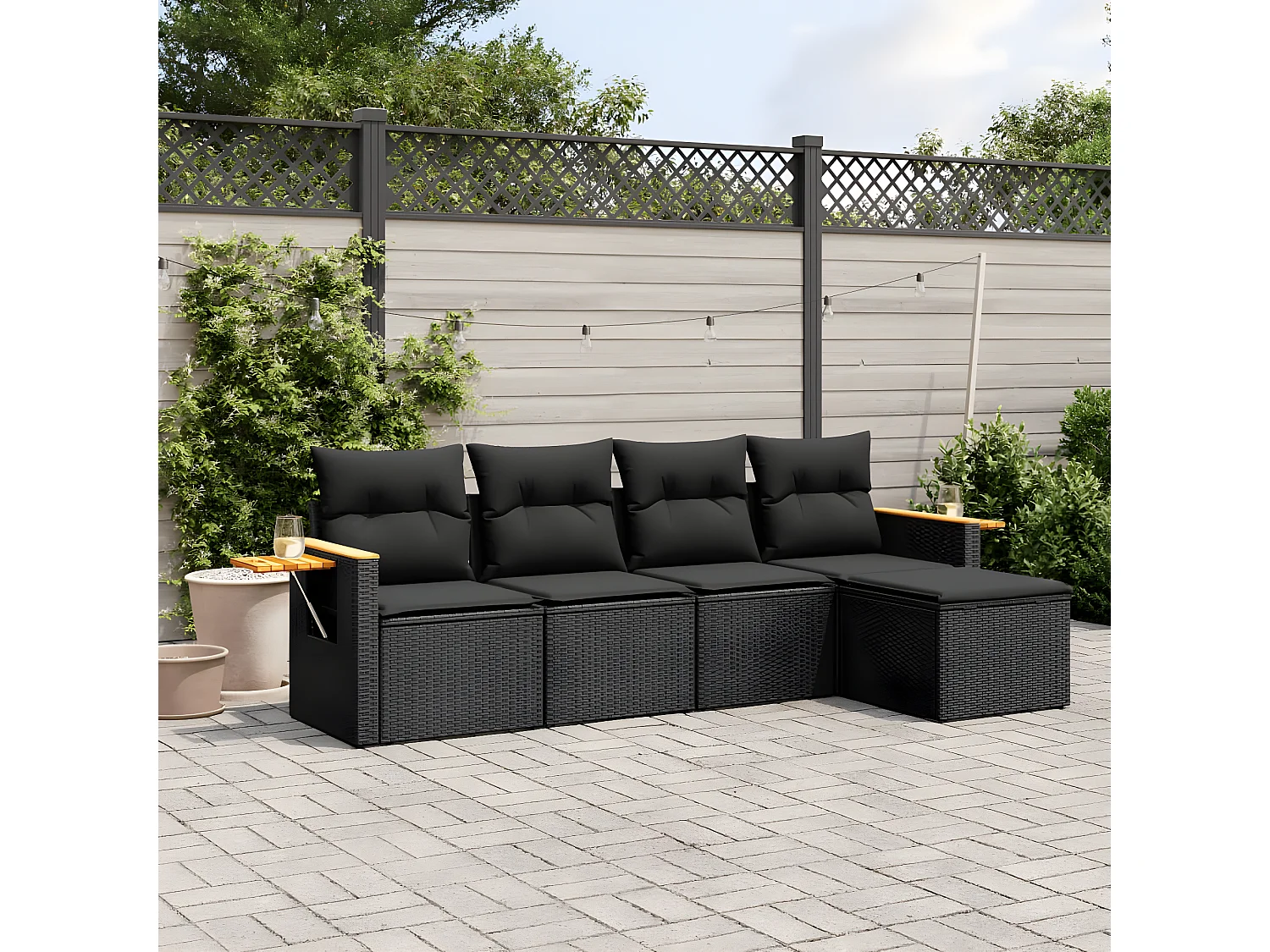 Salon de jardin 5 pcs avec coussins noir résine tressée