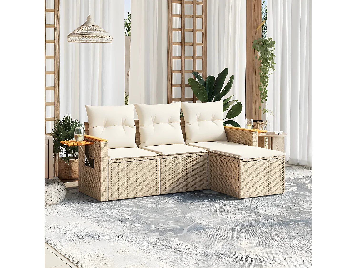 Salon de jardin avec coussins 4 pcs beige résine tressée