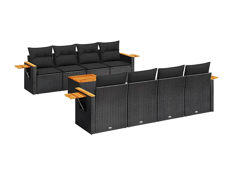 Salon de jardin 9 pcs avec coussins noir résine tressée