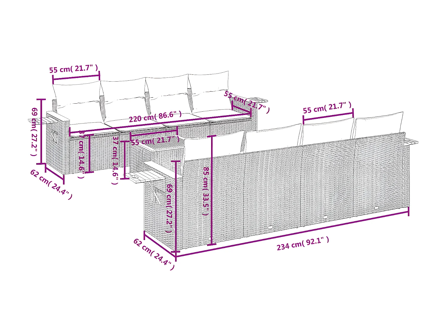 Salon de jardin 9 pcs avec coussins noir résine tressée