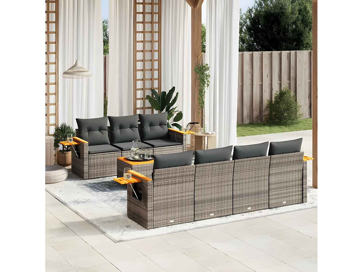 Salon de jardin 8 pcs avec coussins gris résine tressée