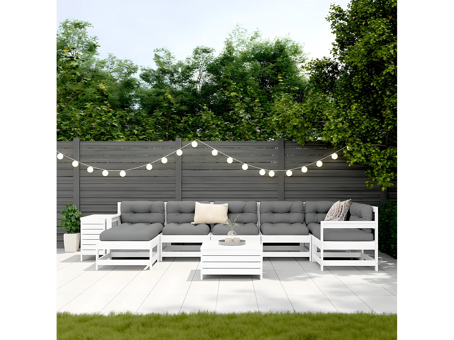 Salon de jardin 9 pcs blanc bois de pin massif