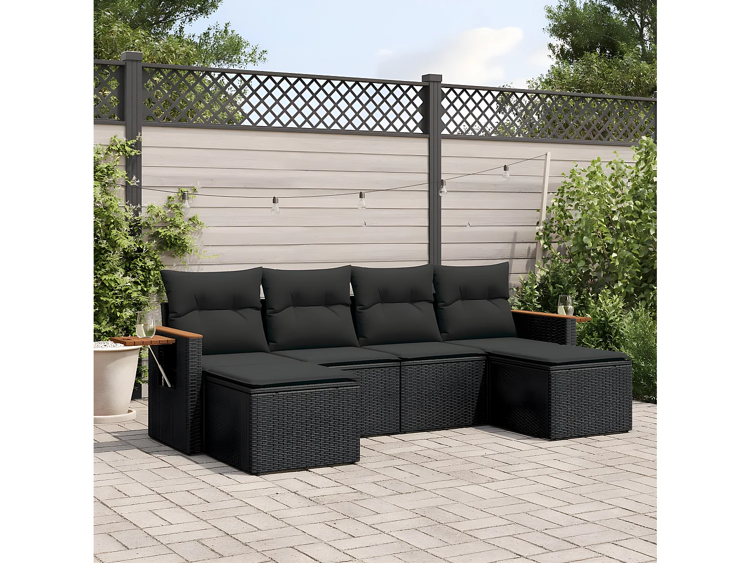 Salon de jardin 6 pcs avec coussins noir résine tressée