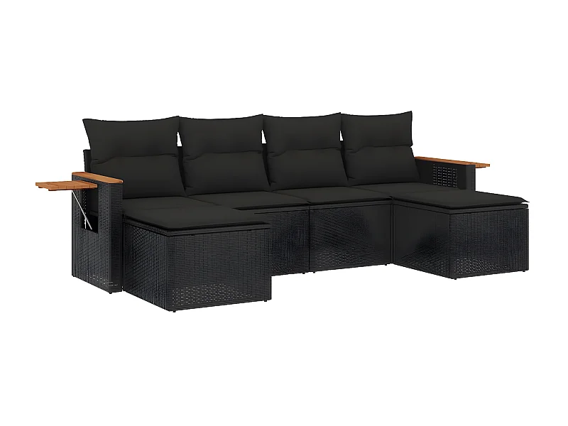 Salon de jardin 6 pcs avec coussins noir résine tressée
