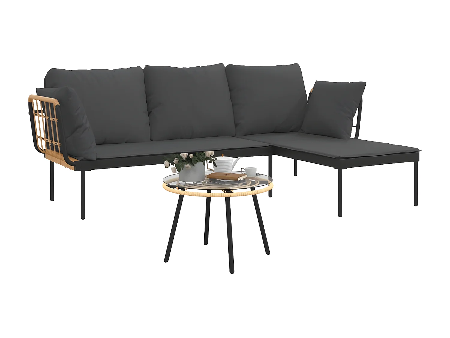 Salon de jardin 3 pcs avec coussins gris foncé résine tressée