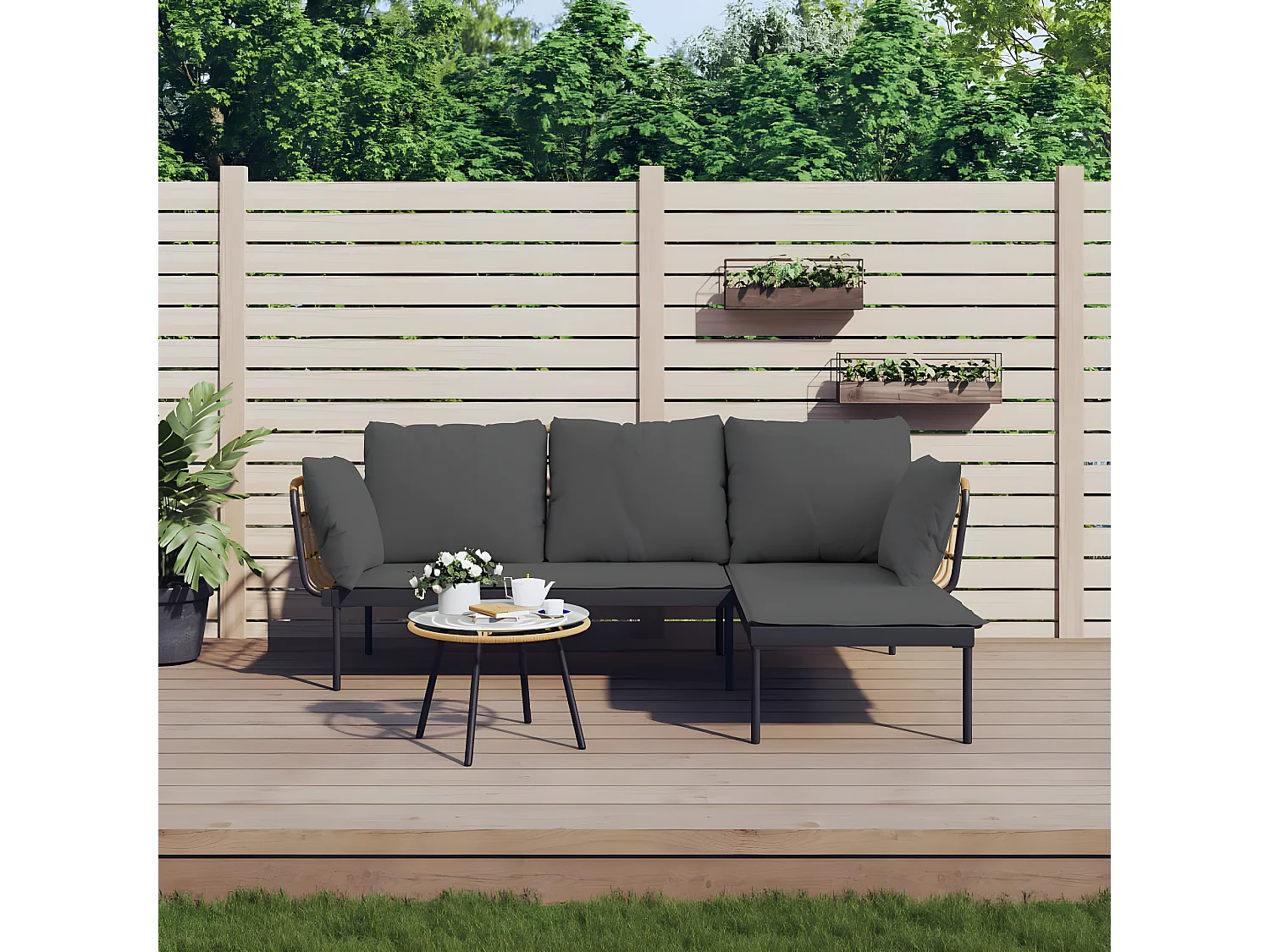 Salon de jardin 3 pcs avec coussins gris foncé résine tressée