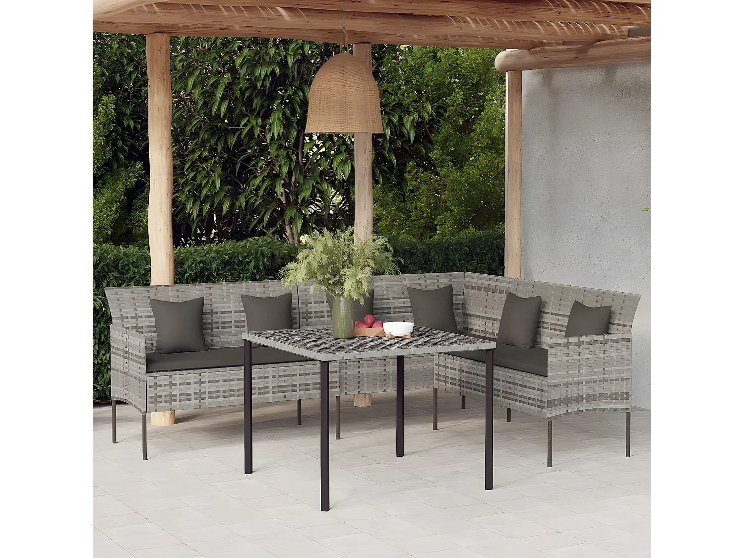 Canapé de jardin en forme de L et coussins gris résine tressée