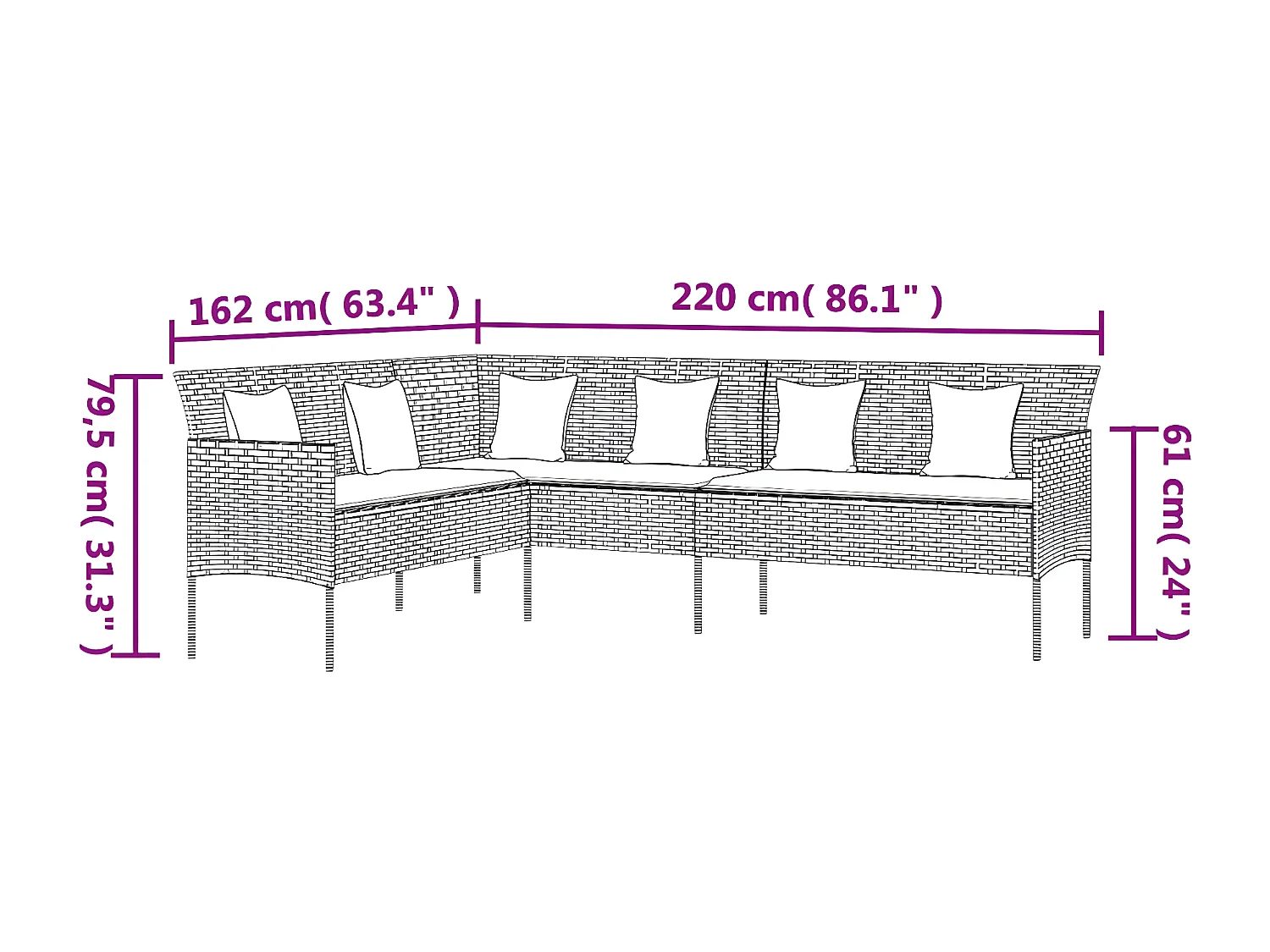 Canapé de jardin en forme de L et coussins gris résine tressée
