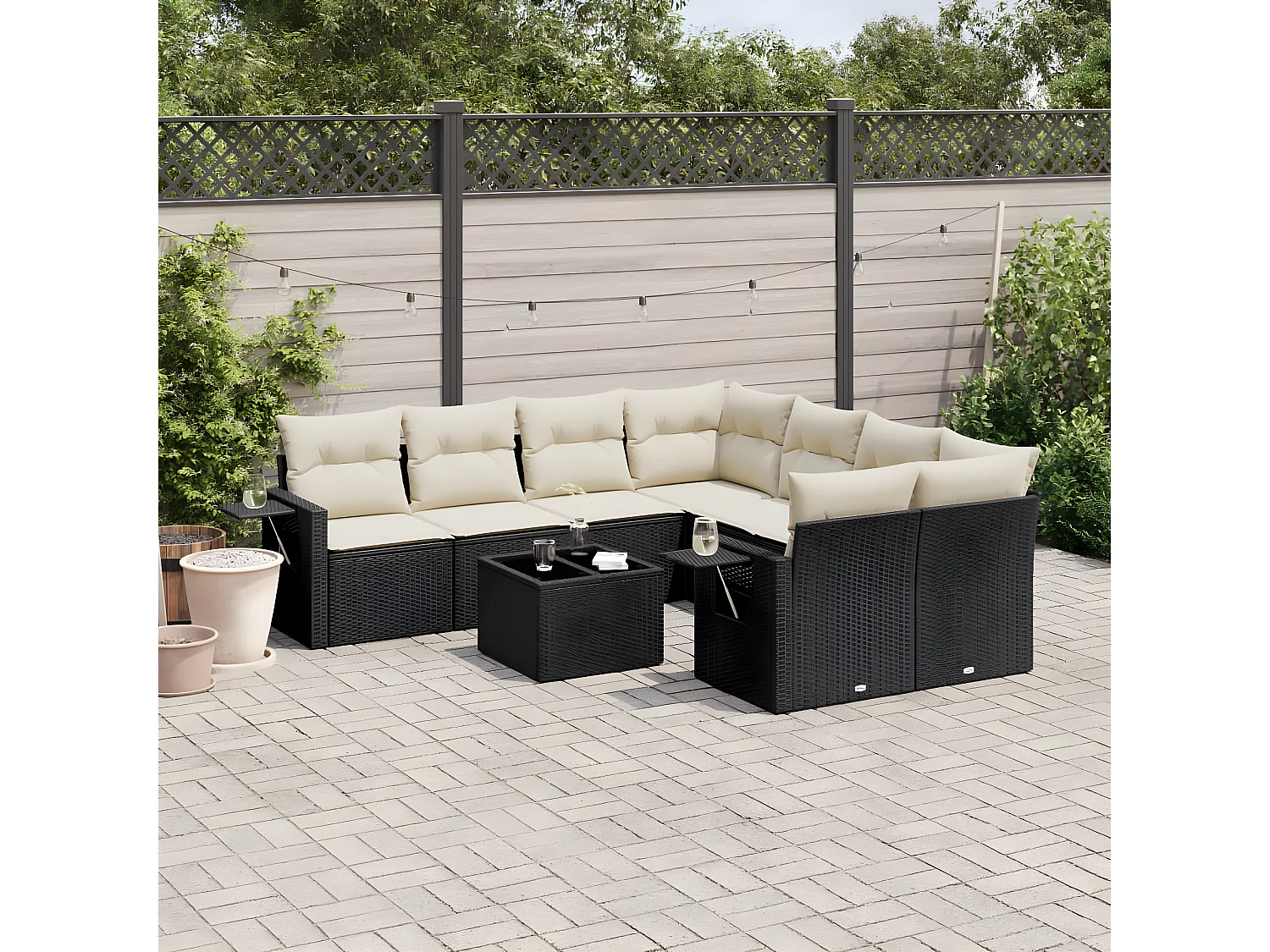 Salon de jardin 9 pcs avec coussins noir résine tressée