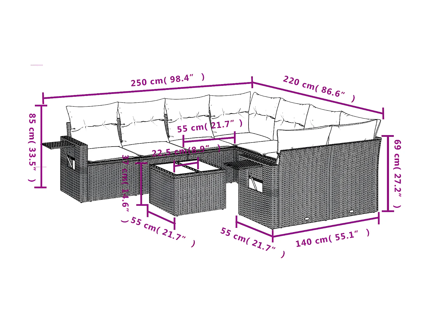 Salon de jardin 9 pcs avec coussins noir résine tressée