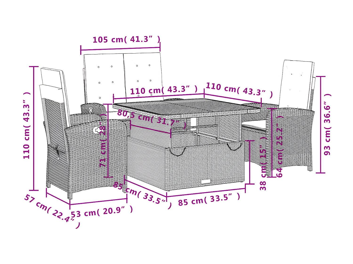 Ensemble à manger jardin 4pcs et coussins Gris Résine tressée