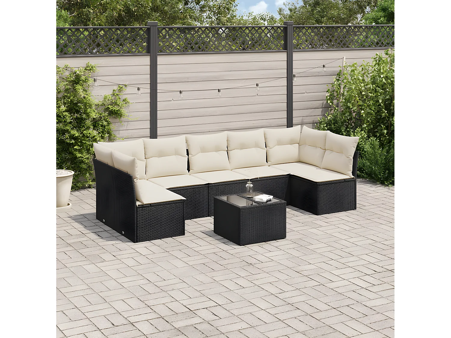 Salon de jardin 8 pcs avec coussins noir résine tressée